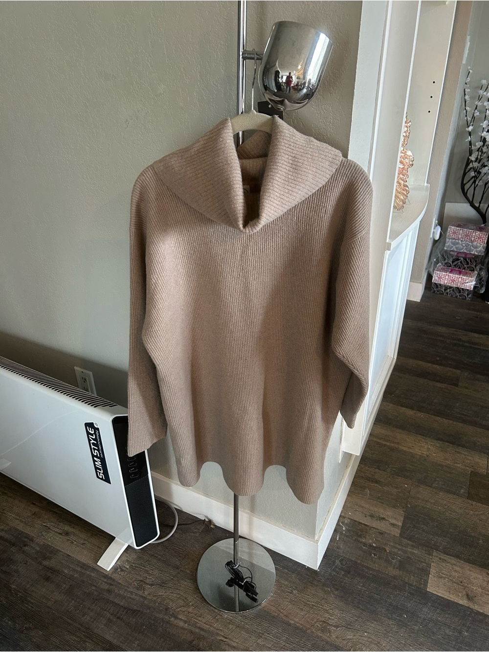 Vintage Laura Ashley Taupe Ribbed Cowl Neck Long Sweater